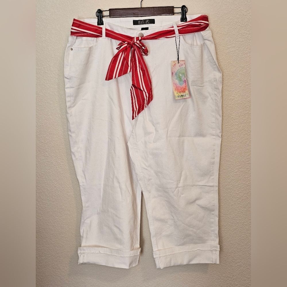 NWT Alivia Ford Plus Size 24 White Cropped Jeans High Rise Nautical Tie Belt